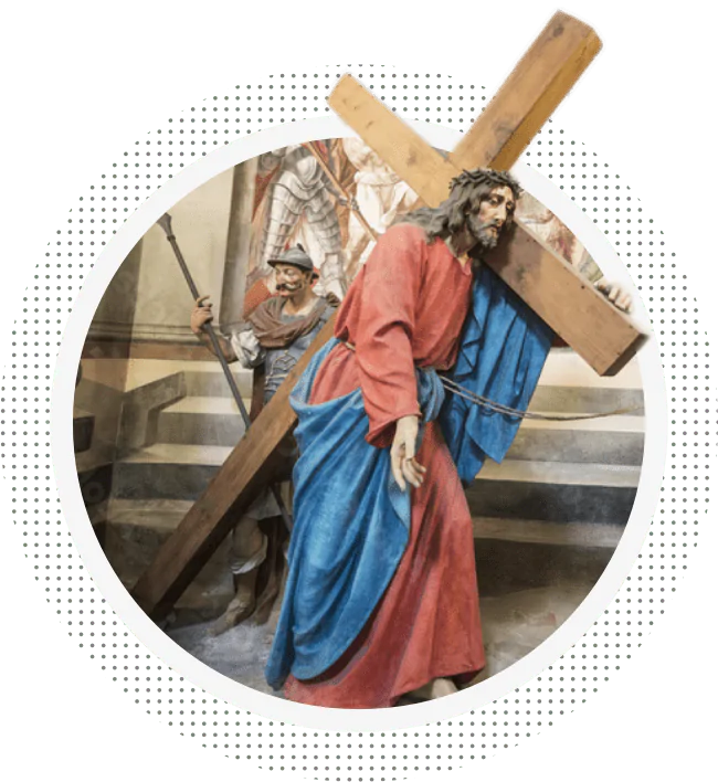 Jesus carregando a cruz para o Calvário com um soldado ao fundo