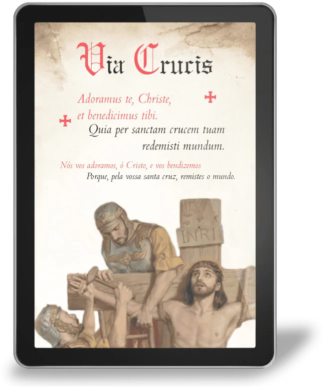 Parte do Ebook da Novena de São Bento em Latim mostrando a imagem de Jesus Crucificado